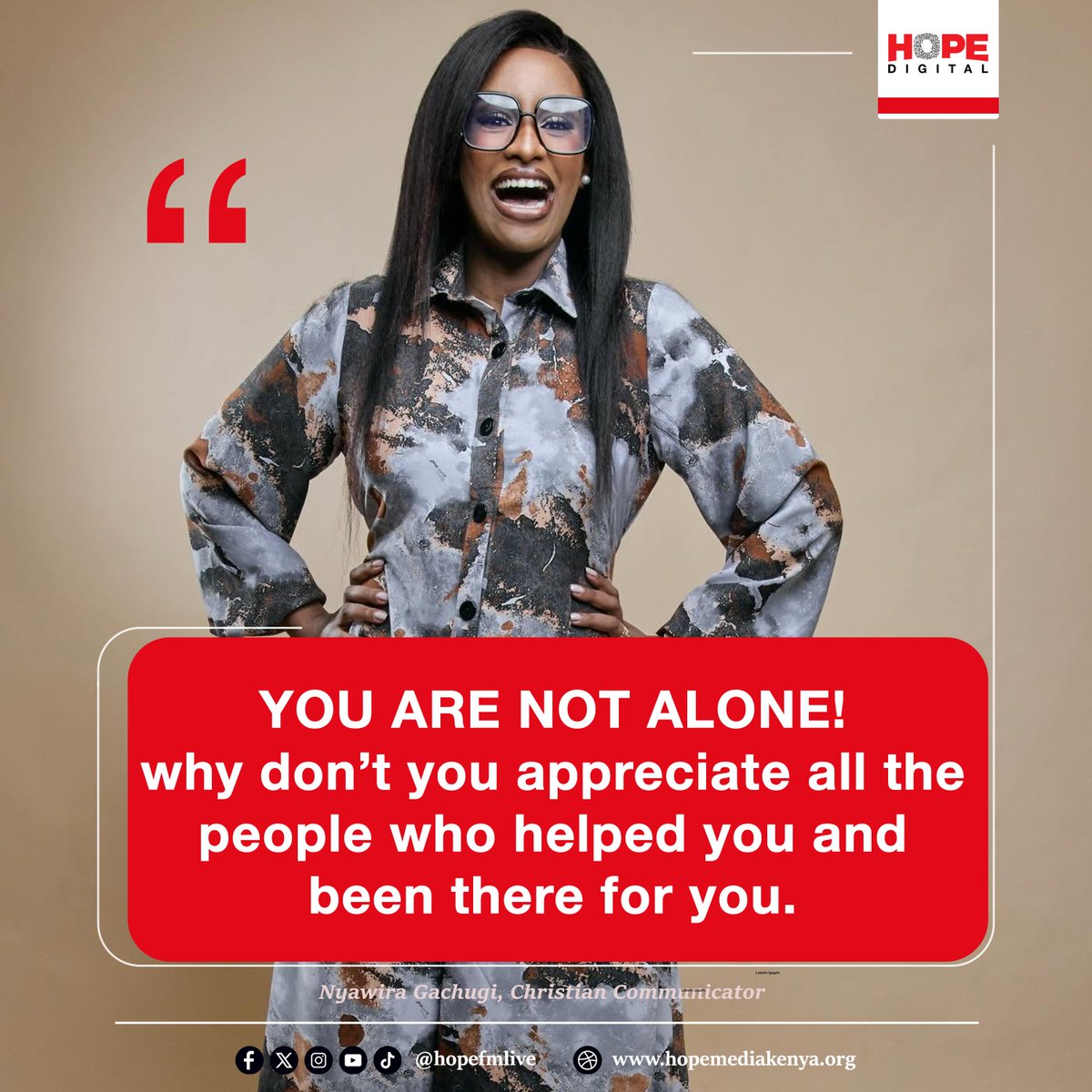HopeFMLive's tweet photo. Nyawira Gachugi reminds us to appreciate those who stand by us through life’s highs and lows.  “Celebrate your community,” she urges, reminding us that even when people are absent, God is always present. You are never truly alone when you have Him.
📸 Courtesy https://t.co/VzASZxfcH3