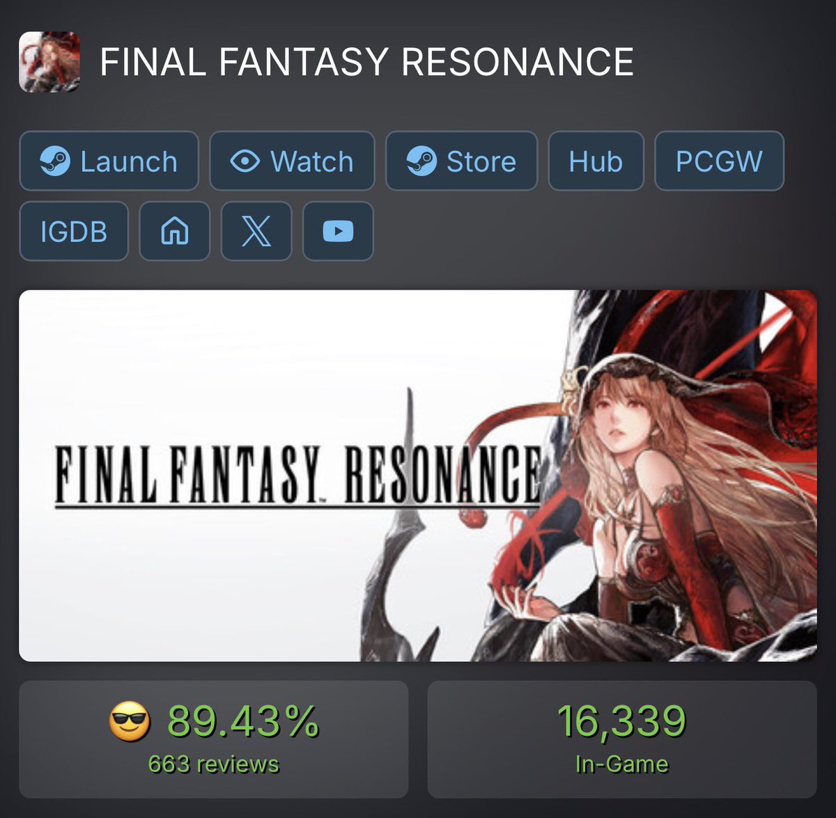 Shunkiroth's tweet photo. Noticias sobre Final Fantasy Resonance.

Siguen subiendo en picado las valoraciones positivas sobre el juego y estamos a la expectativa de ver las máximas de jugadores incrementarse para este fin de semana.

Menuda pedazo de salida está teniendo y como me alegro de que esté calando tan hondo en el mercado global.
Estos números no reflejan siquiera los jugadores activos en consolas ni contempla a los de Japón y sin embargo solamente Steam consigue esta barbaridad de números, 20k de máxima y 16k a escasa media mañana del viernes.

Pinta maravilloso para Lapis, buenísimas sensaciones para el arranque del juego.

#FFRS