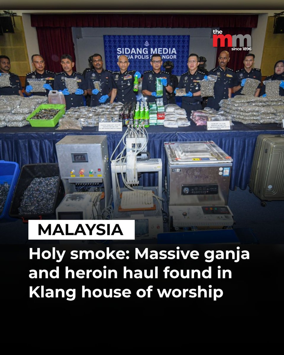 malaymail's tweet photo. Police uncovered drug trafficking at an unregistered house of worship in Klang during operations across Selangor from Oct 13 to 19.

Selangor police chief Datuk Shazeli Kahar said a local man who worked part-time as an assistant at the house of worship was detained to assist the investigation.

“A raid led to the discovery of 20.6 kilogrammes (kg) of heroin inside the storage room of the house of worship. Investigations are ongoing. We do not rule out that the premises were used to store drugs.

“Checks also revealed that the temple is unregistered and the land is gazetted as a site for sewerage,” he told a press conference at the Selangor Police Contingent Headquarters here today.