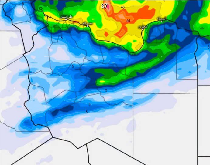 Lyobserver's tweet photo. Residents along Libya’s northern coast are being urged to prepare for a period of unsettled weather as a low-pressure system is expected to bring thunderstorms and heavy rainfall from Zawiya through the capital and eastward to the Jebel Akhdar (Green Mountain) region. 

Conditions are forecast to develop gradually beginning next Saturday, intensify on Sunday evening into Monday, and continue intermittently through Wednesday, according to meteorologists.