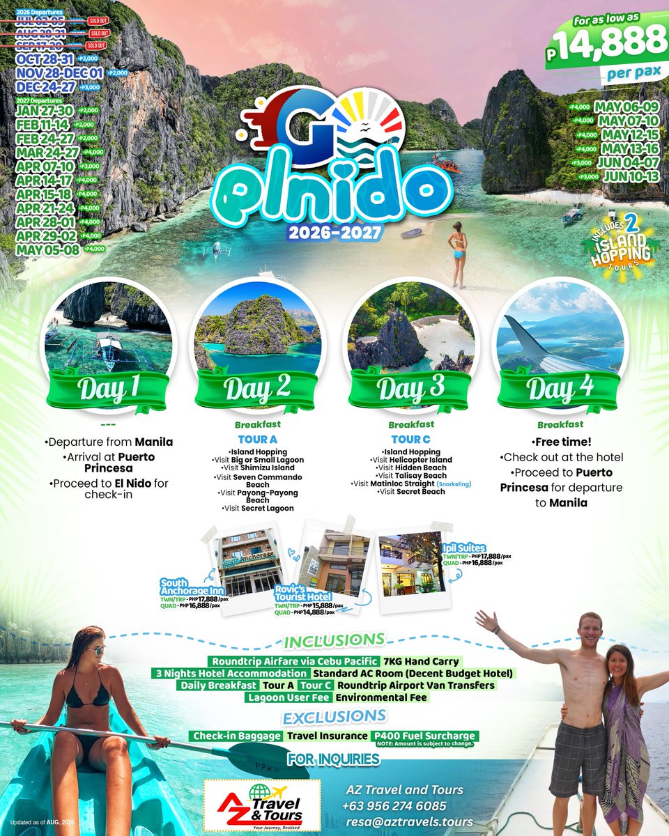 blend643's tweet photo. El Nido, Palawan awaits. Enjoy a 4D3N getaway with stunning beaches, crystal-clear waters, and unforgettable island adventures. Starting at ₱14, 888 per person. Departures available 2026–2027. Book your dream escape now. https://t.co/5CPjKnDJo4