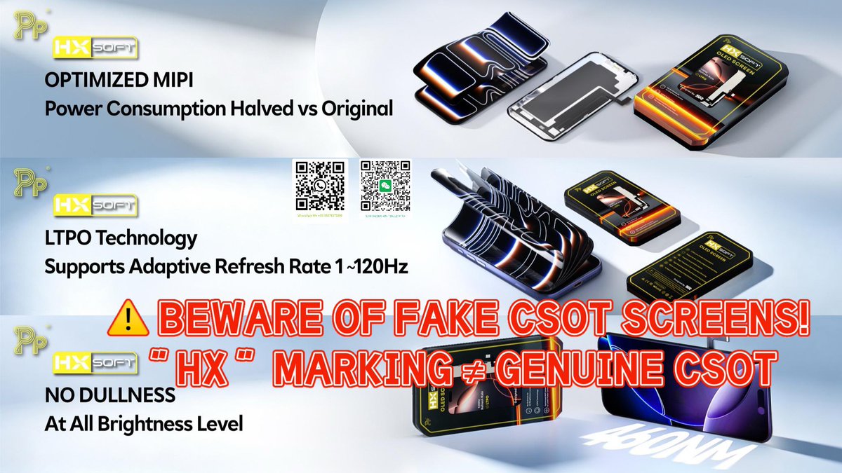 GxKama's tweet photo. Watch out for dishonest suppliers selling counterfeit CSOT Screens
A “HX” MARKING ≠ GENUINE CSOT Screen.
WE STAND FOR INTEGRITY
No fakes, no deception
Your trustworthy long-term supplier! 

#LTPO #Softoled #iphonerepair #iphonescreen https://t.co/naE7IGkwzw