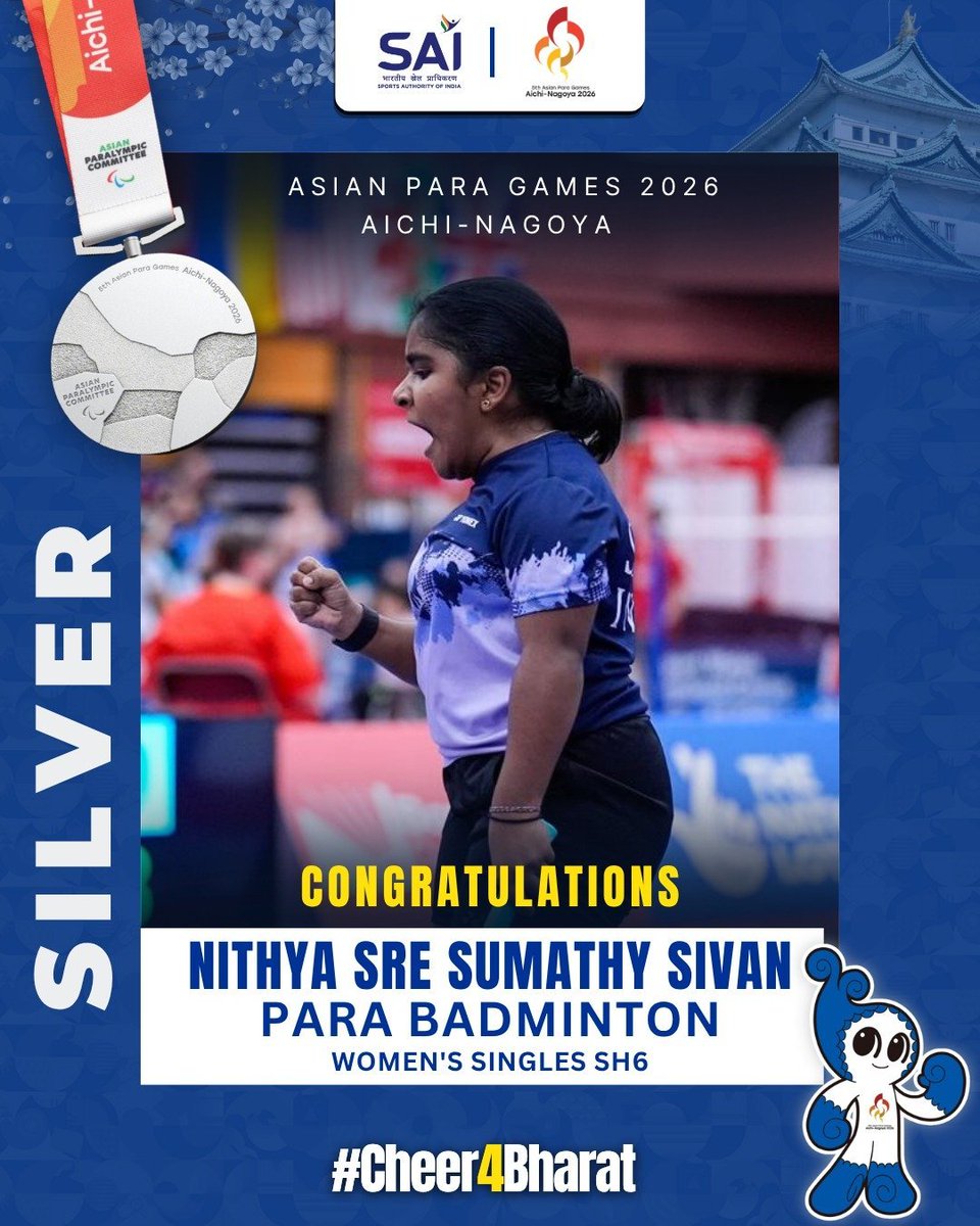 JPNadda's tweet photo. NITHYA SRE SHINES WITH SILVER!

Kudos to Nithya Sre Sumathy Sivan on winning Silver in Women’s Singles SH6 at #AsianParaGames2026.

Upgrading her Bronze from 2022 to Silver this time, Nithya’s remarkable journey reflects her dedication, resilience and continued excellence in para-badminton.