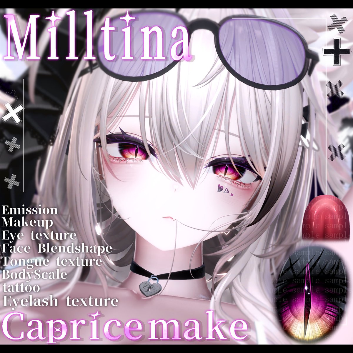 Nya_rl2's tweet photo. ⛓️#Capriceメイク 🐈ミルティナ用！

🎉発売記念キャンペーン🎁✨
https://t.co/HPu4P4HkBz 

シェイプキーや、舌、アイ&amp;メイク等…
“豪華8点セット”となります！

- ̗̀📣10/28まで500円でSALEします！

⏰ RT&amp;商品に💗で3名当選！10/26〆
 #VRChat  #Milltina3D https://t.co/djtbbpI46D