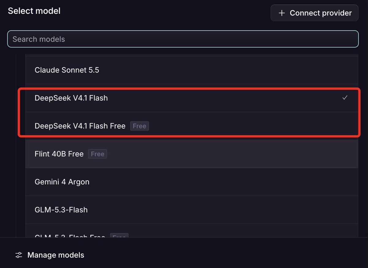 sanyam1989's tweet photo. .@opencode - Have these been updated to DS 4.1 Flash 1017, or are they yet to be updated to the latest version?

#Deepseek https://t.co/TxXEk538gJ