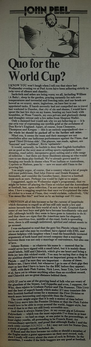 SoundsClips's tweet photo. The John Peel Column in Sounds 23rd, October 1976 featuring The Sex Pistols, Graham Parker and Station Quo.
@sexpistols
@ItsGrahamParker 
@Status_Quo https://t.co/XIEWepE5D5