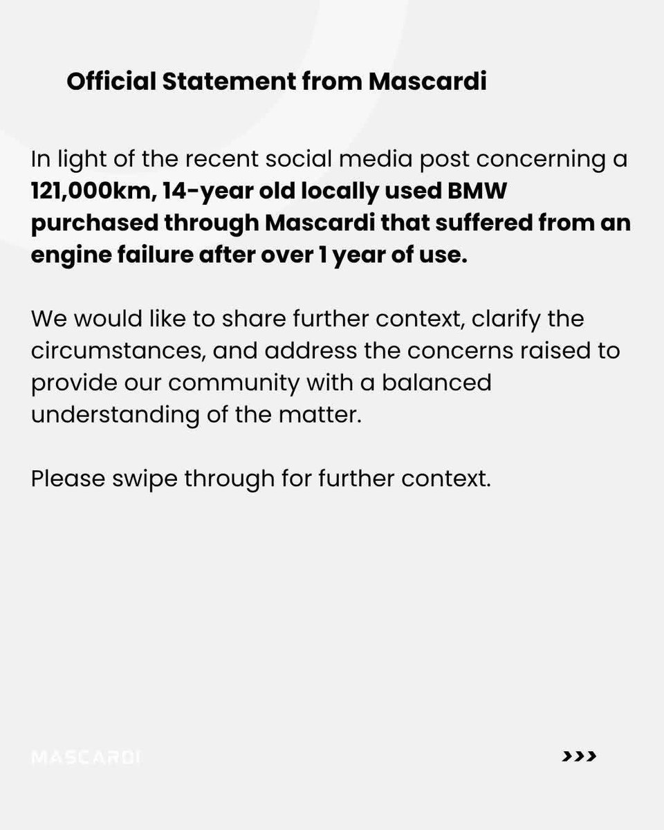 Cars_in_Kenya's tweet photo. Mascardi responds to content creator Victor Peace after he reported multiple issues with a BMW he purchased from the dealership, which eventually suffered engine failure. https://t.co/XHyHGFSvDQ