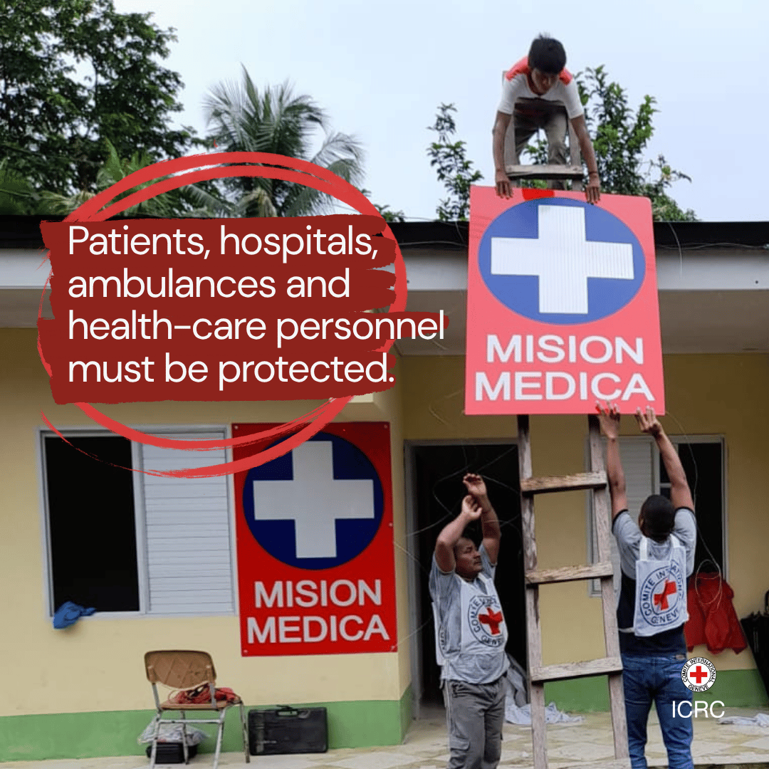 ICRC's tweet photo. Every attack on healthcare personnel, facilities and vehicles, is an attack on the communities they serve.

❌ They should never have to fear for their own lives.
❌ They are not a target. https://t.co/CQmXcydnIt