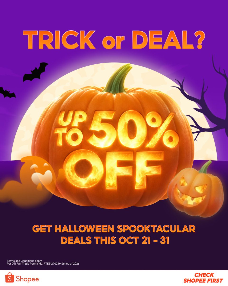 ShopeePH's tweet photo. 👻 BOO-DOL ALERT, BESTIES! 🛒

Enjoy Halloween Spooktacular Deals with UP TO 50% OFF from Oct 21–31! 🧡

Mas nakakatakot pa sa multo ang makitang sold out ang nasa cart mo 💀Kaya #CheckShopeeFirst na bago ka maunahan: https://t.co/fPUl7A61mu

#ShopeePH https://t.co/OJg5avRp5p