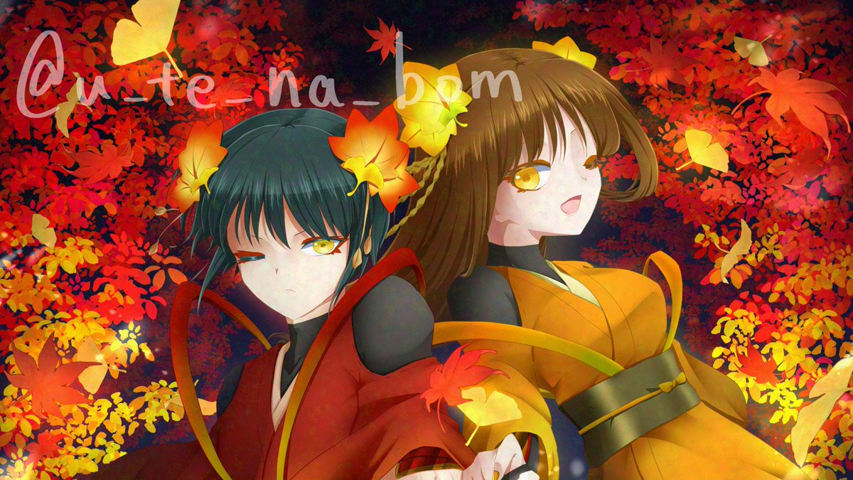 u_te_na_bom's tweet photo. 完成！
秋の紅葉を模した装束をまとう、武人夫婦。
洗練された二人が織りなす戦場は秋の芸術となる。
夜を背景にしたらこりゃまた…絵になる。
#うてなの創作　#イラスト　#秋 https://t.co/35J8XucOwS