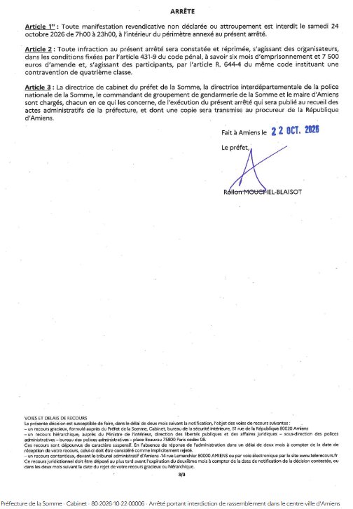 Prefet80's tweet photo. #information | Le préfet a par ailleurs interdit toute autre manifestation, statique ou mobile, dans le périmètre du centre-ville d’Amiens délimité par les grands boulevards le samedi 24 octobre de 7h à 23h.

Consultez l'arrêté et la carte du périmètre concerné ci-dessous 👇 https://t.co/z9X6EZsDCn