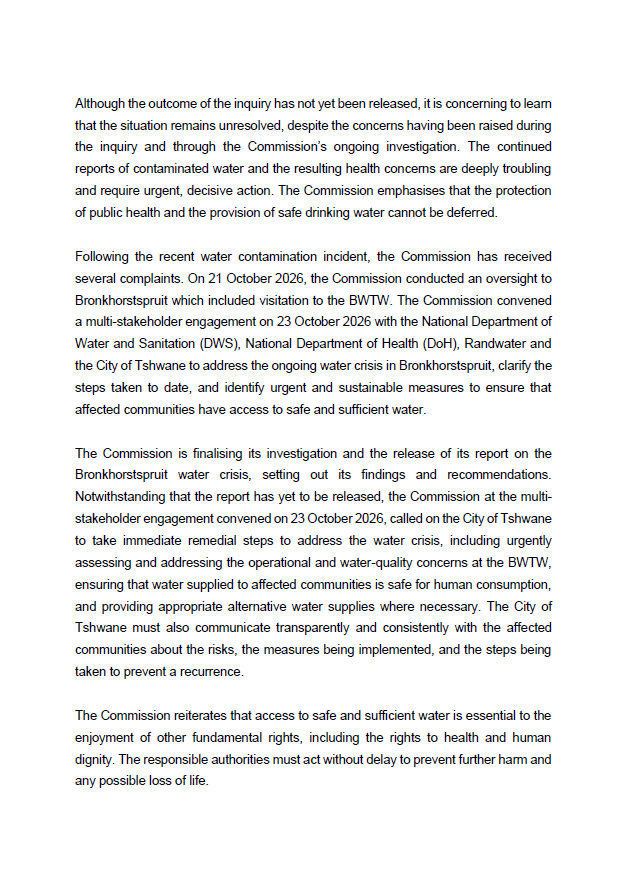 SAHRCommission's tweet photo. Media Statement: SAHRC Calls on the City of Tshwane to take Urgent Remedial Action to Address Water Crisis in Bronkhorstspruit and Affected Areas within Region 7 https://t.co/JhSw3oA03z https://t.co/hQVkwtfV53