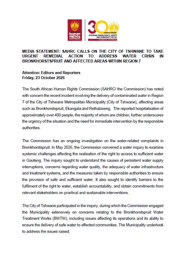 SAHRCommission's tweet photo. Media Statement: SAHRC Calls on the City of Tshwane to take Urgent Remedial Action to Address Water Crisis in Bronkhorstspruit and Affected Areas within Region 7 https://t.co/JhSw3oA03z https://t.co/hQVkwtfV53