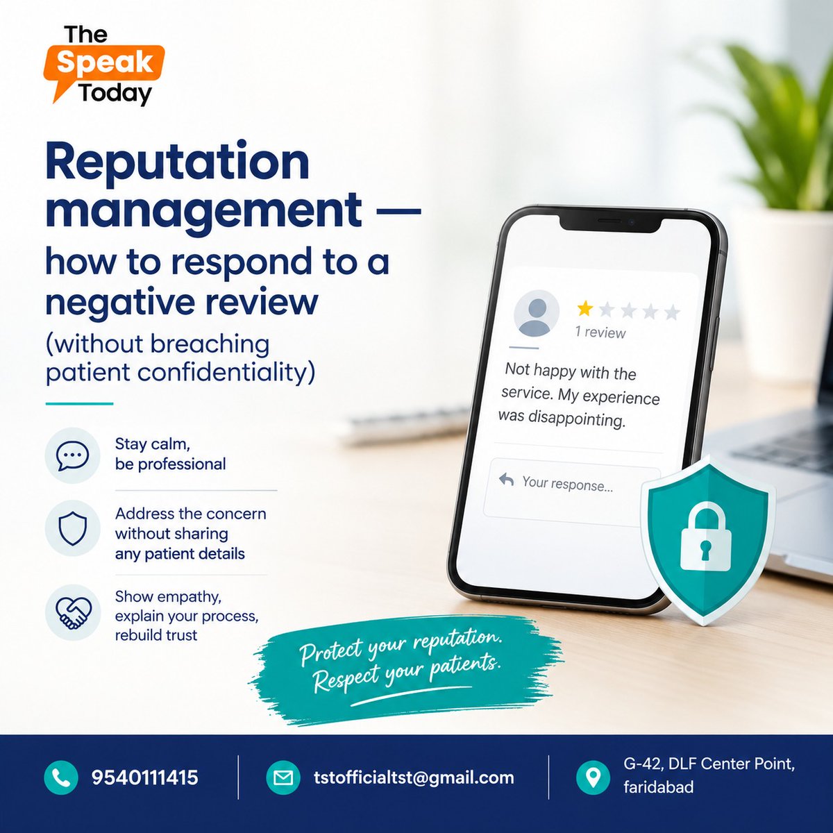 tstofficialtst's tweet photo. Negative review? Respond with professionalism, empathy, and care. Address the concern without revealing patient information. Protect your reputation while respecting patient confidentiality.
#TheSpeakToday #HealthcareMarketing #ReputationManagement https://t.co/T61QXVzX1l