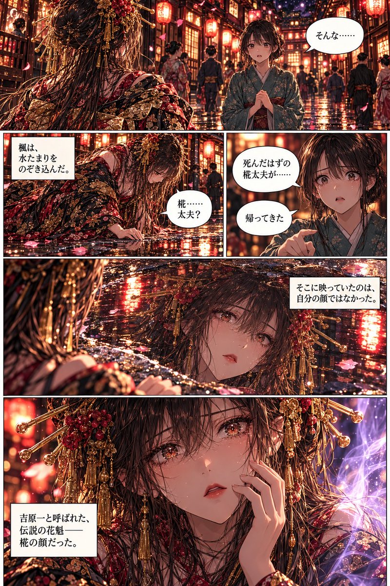 EM8yY4swBA19718's tweet photo. 『花魁坂—時を越えて咲く椛—』
第一話「私は、商品になった」5

赤い提灯の下、水たまりをのぞき込んだ楓。
そこに映っていたのは、自分ではない顔だった。
「椛太夫が……帰ってきた」
知らない名で呼ばれ、楓はそっと自分の頬に触れた。

Beneath red lanterns, Kaede sees a face that isn’t hers reflected in a puddle. “Momiji Tayuu… has returned.”

붉은 등불 아래, 카에데는 물웅덩이에 비친 낯선 얼굴을 바라본다. “모미지 타유가… 돌아왔어.”

红灯笼下，枫望着水洼中那张不属于自己的脸。“椛太夫……回来了。”

تحت الفوانيس الحمراء، ترى كايدي في بركة ماء صغيرة انعكاس وجه ليس وجهها. «موميجي تايو… لقد عادت».

ใต้แสงโคมสีแดง คาเอเดะเห็นเงาสะท้อนในแอ่งน้ำเป็นใบหน้าที่ไม่ใช่ของตัวเอง “โมมิจิทายู… กลับมาแล้ว”

#aiイラスト 漫画#花魁坂椛
