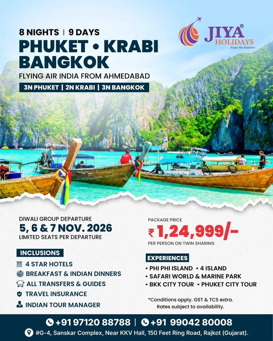 nellitziitap's tweet photo. Thailand Calling! Experience an unforgettable 8 Nights | 9 Days getaway across Phuket, Krabi and Bangkok with island tours, Safari World, Marine Park and city tours. Diwali Group Departures: 5, 6 &amp; 7 Nov 2026
4-star hotels, meals, transfers, https://t.co/xLG9Rk7vih