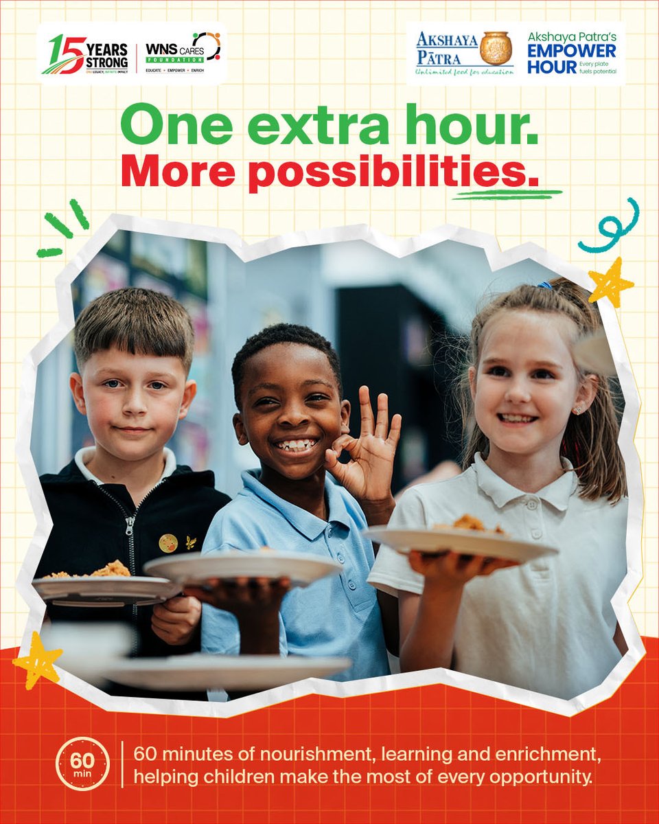 WnsWcf's tweet photo. What can an extra hour change?
WNS Cares Foundation supports Akshaya Patra UK’s award-winning Empower Hour, bringing nourishment, learning and enrichment to children in disadvantaged communities.
One hour. More possibilities.
#LearnWithWCF #EmpowerHour https://t.co/L5atYvOZZt