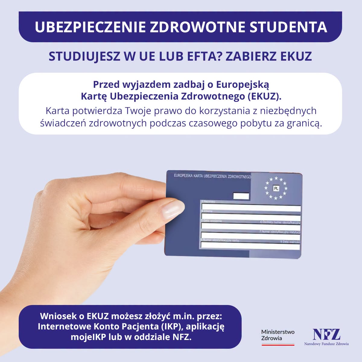 NFZ_Krakow's tweet photo. 🎓 Wyjeżdżasz na Erasmusa?
#EKUZ przyda Ci się także podczas wymiany studenckiej. Nie czekaj z jej wyrobieniem do ostatniej chwili.
📲 Jak złożyć wniosek o EKUZ?
🧐 Przeczytaj #PoradnikPacjenta @NFZ_GOV_PL:
👉 https://t.co/jSVVPkiL3m. https://t.co/pPybHCpf5n
