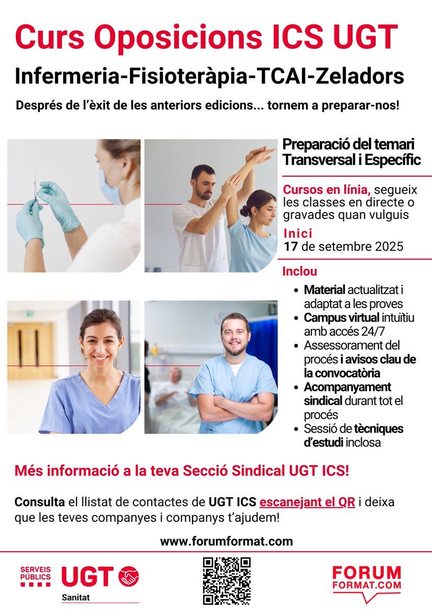ForumFormat's tweet photo. 𝗨𝗚𝗧  𝗢𝗽𝗼𝘀𝗶𝗰𝗶𝗼𝗻𝘀 𝗜𝗖𝗦 𝟮𝟬𝟮𝟱/𝟮𝟬𝟮𝟲
UGT t’ofereix formació completa i flexible per a:

🩺 Infermeria, Fisioteràpia, TCAI i Zeladors
📚 Inclou:  part transversal + específica
🖱️ Matricula't a https://t.co/nufczjCLmY
https://t.co/qB7xk1F9KE https://t.co/S2t57n615f