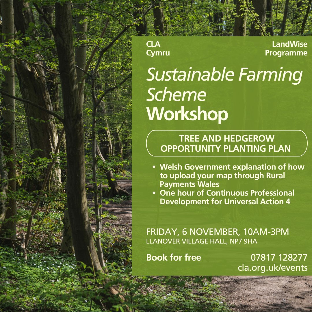 CLACymru's tweet photo. Do you need some help with the Sustainable Farming Scheme? Join CLA Cymru's free workshop with Welsh Government officials. 

6 November, Llanover. Book your place at https://t.co/Pz7uV5u1X9 or on 07817 128277.#welshfarming #sustainablefarmingscheme #farmforest https://t.co/7AIun9ZSn7