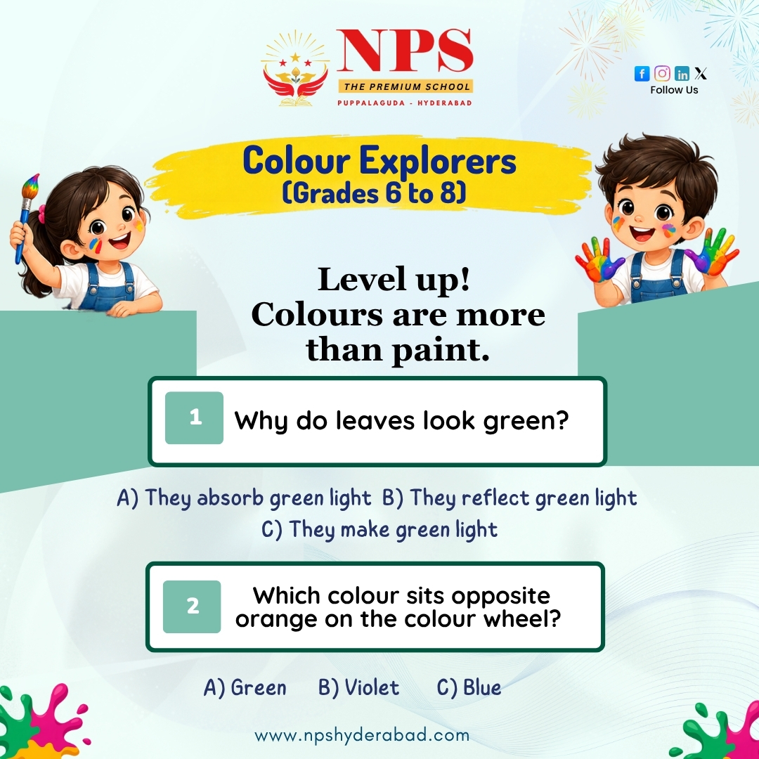 Nps_hyderabad's tweet photo. 🌈 Ready for a colour challenge? 🎨 Test your colour knowledge with our fun school quiz! How many can you get right? Reply with your score! 👇

🌐 https://t.co/NRNTYbnKKA
#SchoolQuiz #FunLearning https://t.co/RyZKJSu5Xu