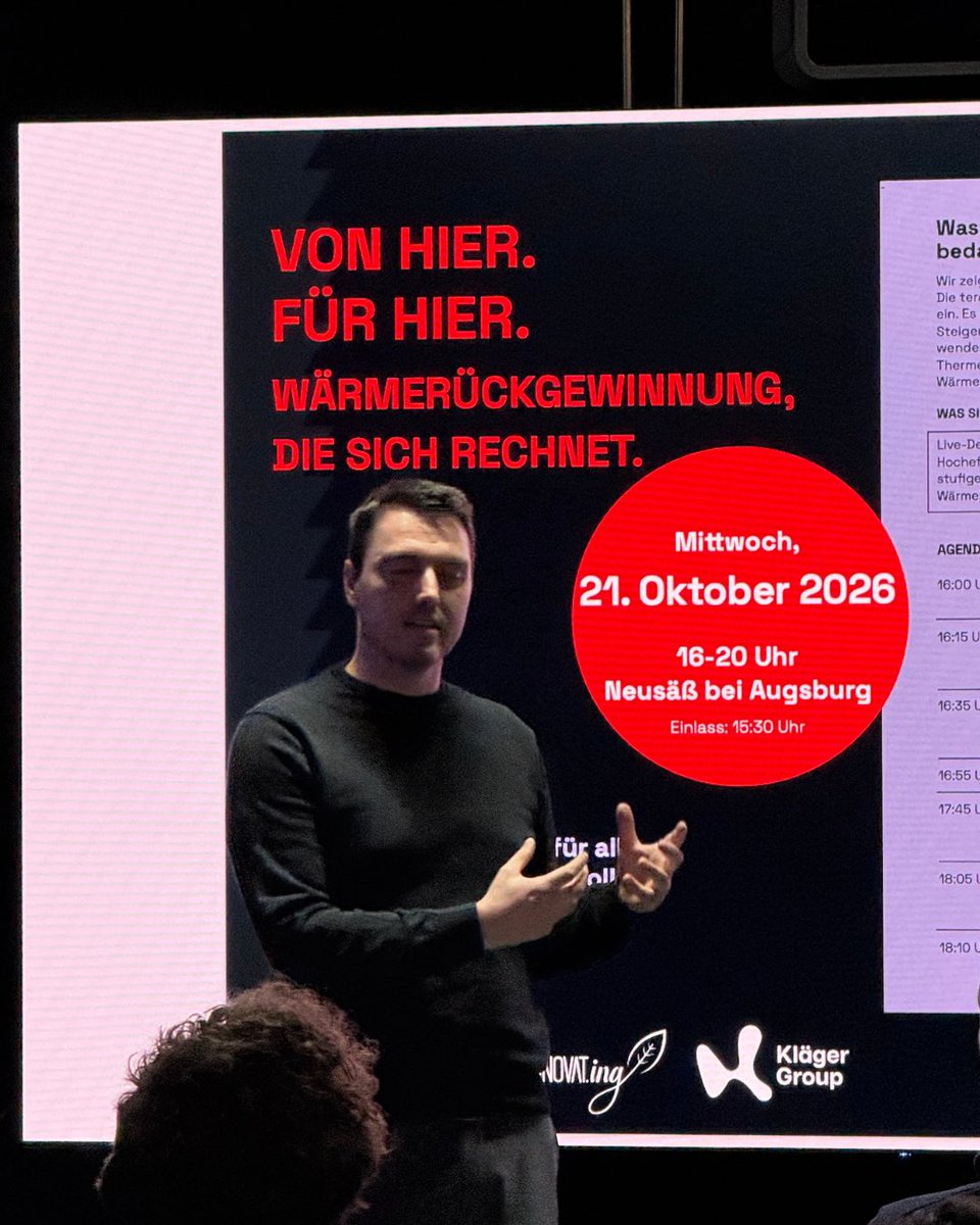 terahash_space's tweet photo. Wärme, die ohnehin entsteht, sinnvoll nutzen! 

Genau darum ging es bei unserem ersten Energietag in der neuen Kläger Group Eventlocation.  

Unter dem Motto „Von hier, für hier. Wärmerückgewinnung, die sich rechnet.“ haben wir rund 25 Gäste aus Industrie, Hotellerie, Thermen- und Bäderbetrieben, Energieberatung und SHK-Handwerk begrüßt. 

Das Programm:  🔧 Einblicke in unsere industrielle Wärmepumpe direkt am Produkt  📊 Echte Zahlen aus dem Praxiseinsatz bei der Kläger Group  💡 Ein Blick in die Zukunft: KI, Transformation und Energie  ⚡ Rundgang durch Anlage und Energy Lab 

Steigende Energiepreise, CO₂-Kosten und neue Vorgaben machen das Thema für viele Unternehmen dringlicher denn je.  

Danke an alle Gäste für den offenen Austausch und die vielen spannenden Fragen! 

Weitere Fotos in den Kommentaren💪