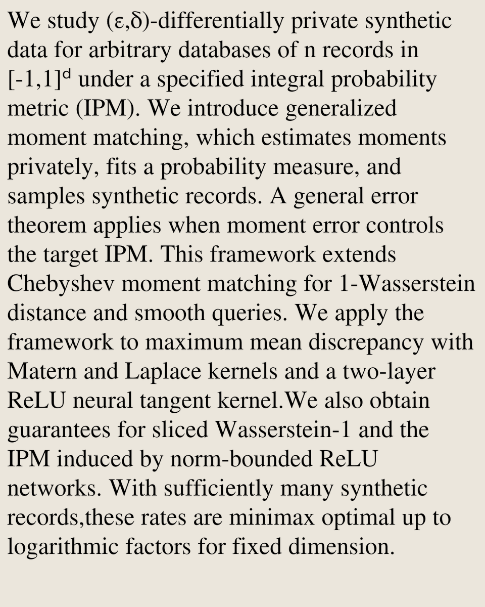 StatsPapers's tweet photo. Differentially Private Synthetic Data via Generalized Moment Matching

Rundong Ding, Yiyun He, Yizhe Zhu
https://t.co/xPZ6Uy2Gzh [𝚜𝚝𝚊𝚝.𝙼𝙻 𝚌𝚜.𝙸𝚃 𝚌𝚜.𝙻𝙶 𝚖𝚊𝚝𝚑.𝙿𝚁 𝚖𝚊𝚝𝚑.𝚂𝚃] https://t.co/j8ALjBG0Dj