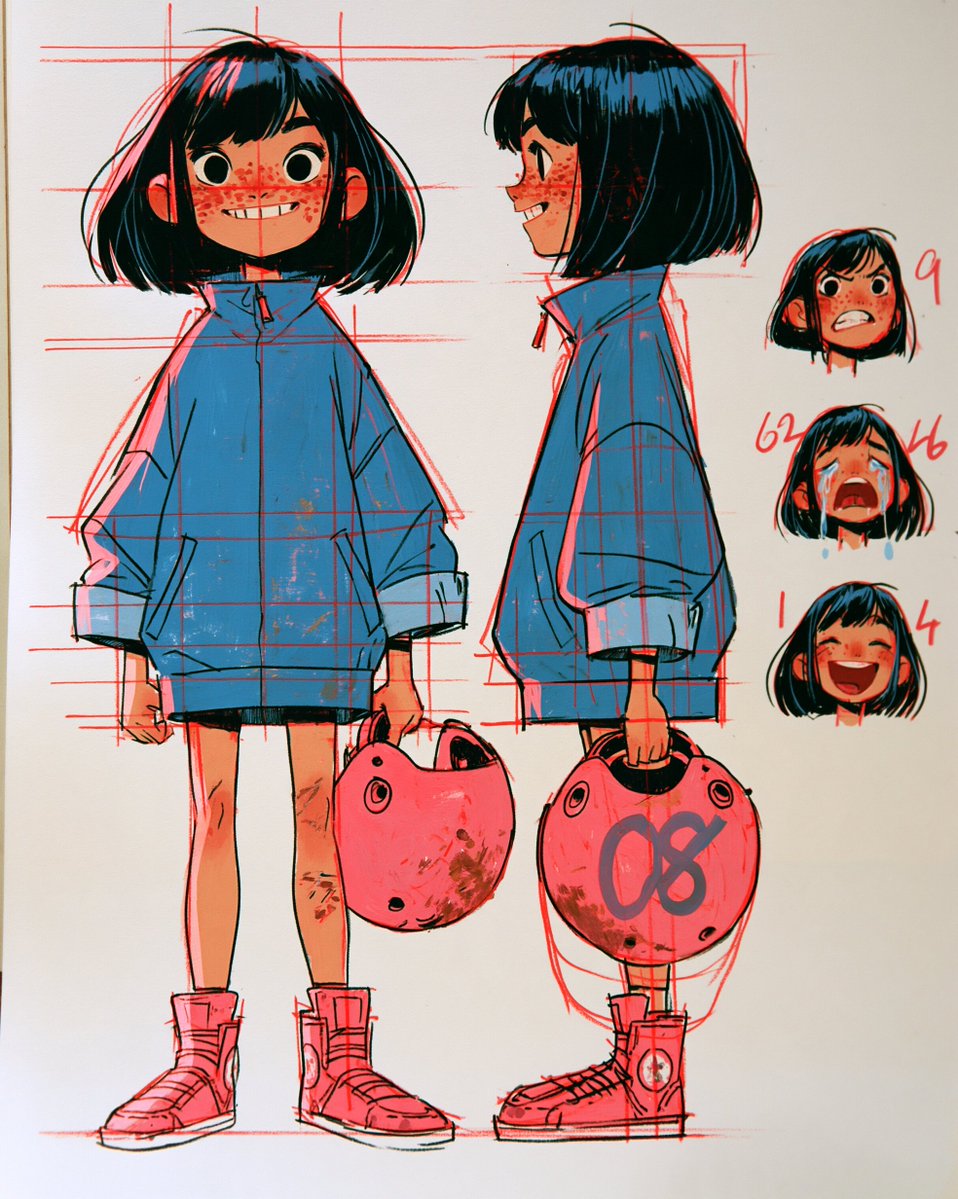 VigoCreativeAI's tweet photo. Started with character sheets before animating anything.

01 08, GROWN UP: racing suit, helmet under her arm, a face that's done crying.
02 THE MACHINES: go-kart to open-wheel, same pink and blue livery.
03 DAD: blue overalls, an 08 sign, a rag in his pocket.
04 08, AGE 8: oversized jacket, a dented helmet, freckles.

Locking the designs first is what kept her the same person across 20 years.