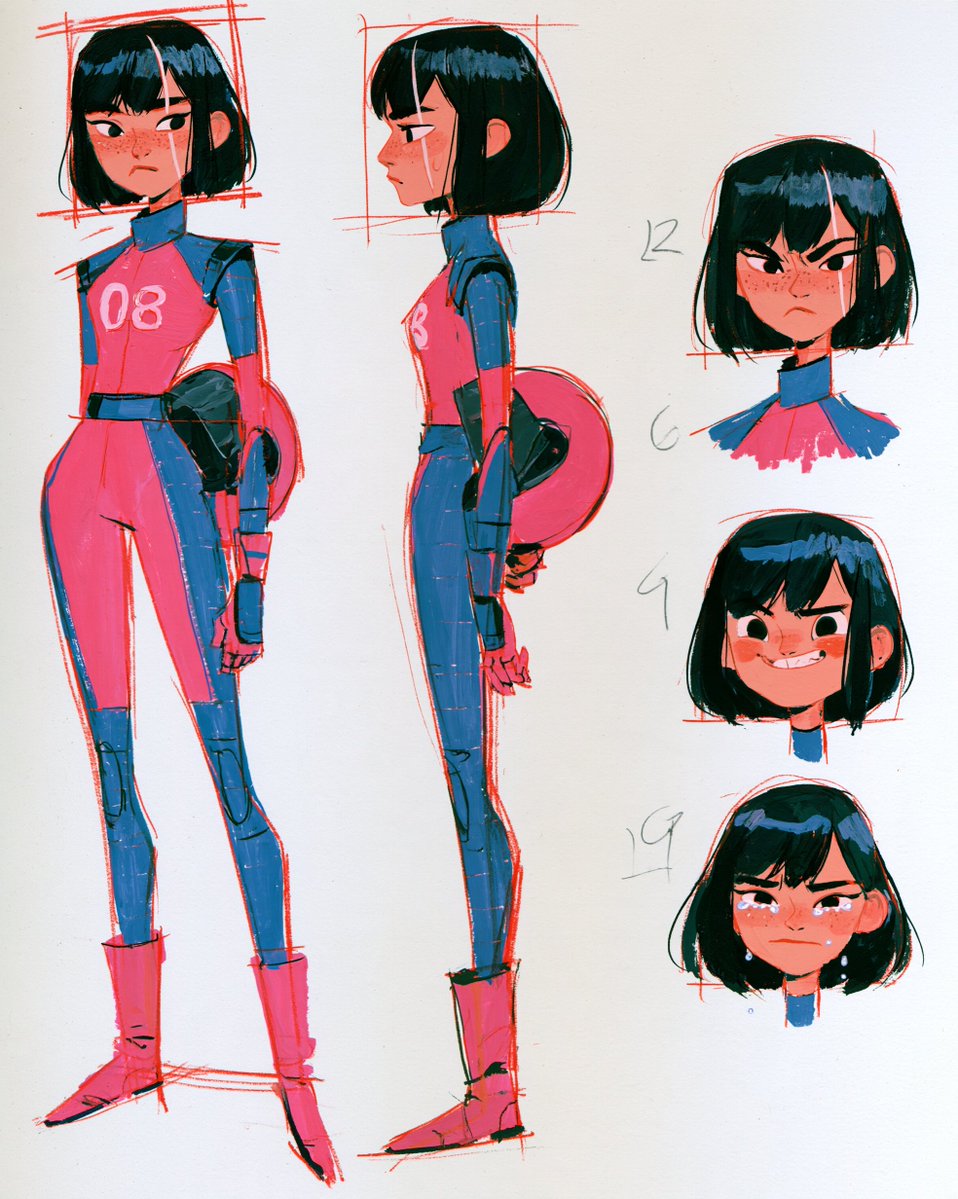 VigoCreativeAI's tweet photo. Started with character sheets before animating anything.

01 08, GROWN UP: racing suit, helmet under her arm, a face that's done crying.
02 THE MACHINES: go-kart to open-wheel, same pink and blue livery.
03 DAD: blue overalls, an 08 sign, a rag in his pocket.
04 08, AGE 8: oversized jacket, a dented helmet, freckles.

Locking the designs first is what kept her the same person across 20 years.