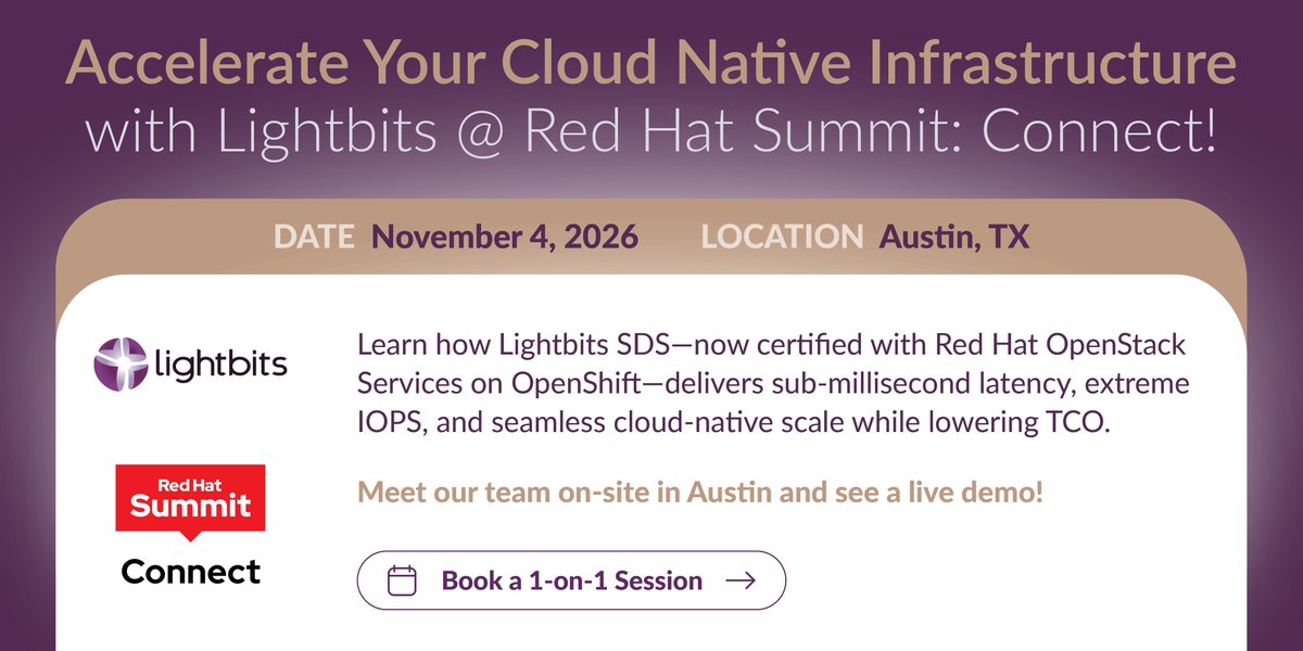 LightbitsLabs's tweet photo. 📍 Austin, here we come!  Lightbits Labs is thrilled to sponsor Red Hat Summit: Connect on November 4. 
https://t.co/jXyDsAk56o
#RedHat #RedHatSummitConnect #OpenShift #Kubernetes #SoftwareDefinedStorage #KubernetesStorage #BlockStorage https://t.co/1C83ogN31J