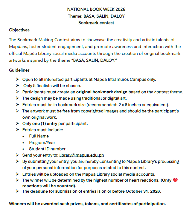 Mapua_Library's tweet photo. Don't miss out on the chance to showcase your talent and win great prizes by joining the Mapúa Libraries 𝑩𝒐𝒐𝒌𝒎𝒂𝒓𝒌 𝑴𝒂𝒌𝒊𝒏𝒈 𝑪𝒐𝒏𝒕𝒆𝒔𝒕!
🔖See the photo for full guidelines and submission details! https://t.co/RIoJQ9IZQe