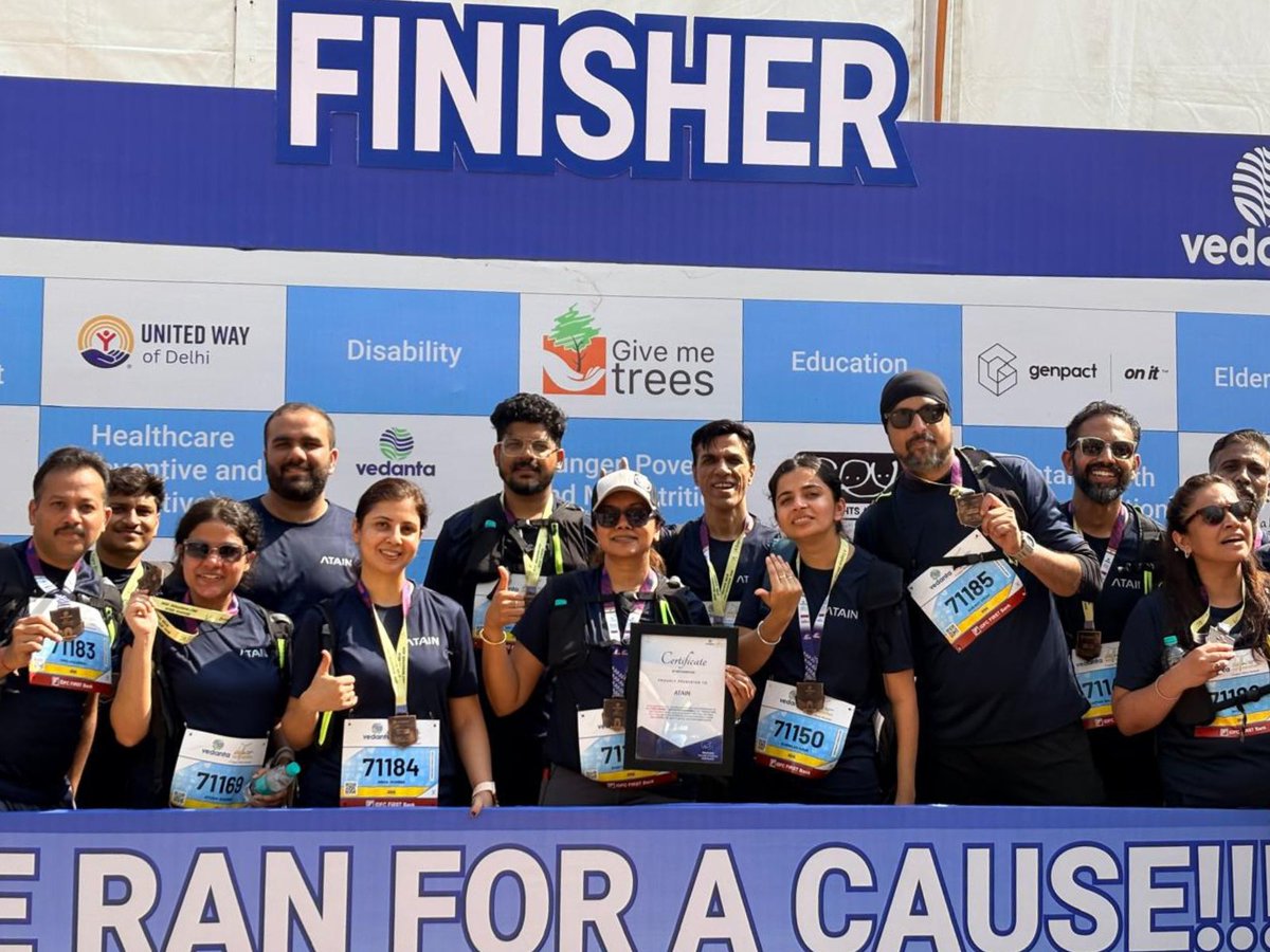 Go_Atain's tweet photo. Our Atainers brought their energy and enthusiasm to the Vedanta Delhi Half Marathon, championing wellbeing while supporting Give Me Trees Trust’s mission for a greener future. 

#VDHM2026 #HalfMarathon #GiveMeTrees #TeamSpirit #Atain https://t.co/ue9KNsvla5