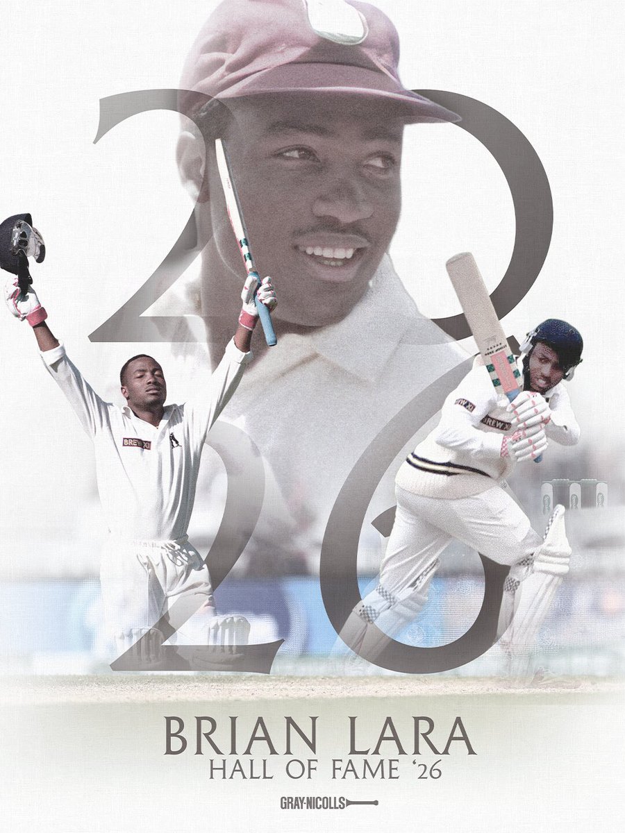 graynics's tweet photo. Brian Lara: Gray-Nicolls Hall of Fame 2026.  

Our final inductee of this inaugural class is a man who is responsible for one of Gray-Nicolls greatest years in 1994. 

Armed with his Scoop 2000 bat, Lara hit two world record scores in the space of one golden summer. First 375 in the Test match between West Indies and England, followed months later by 501* for Warwickshire against Durham. 

Lara went from superstar to icon, and the bat he was holding supercharged the Gray-Nicolls brand.   It's a great pleasure to welcome Brian Lara to the Gray-Nicolls Hall of Fame.