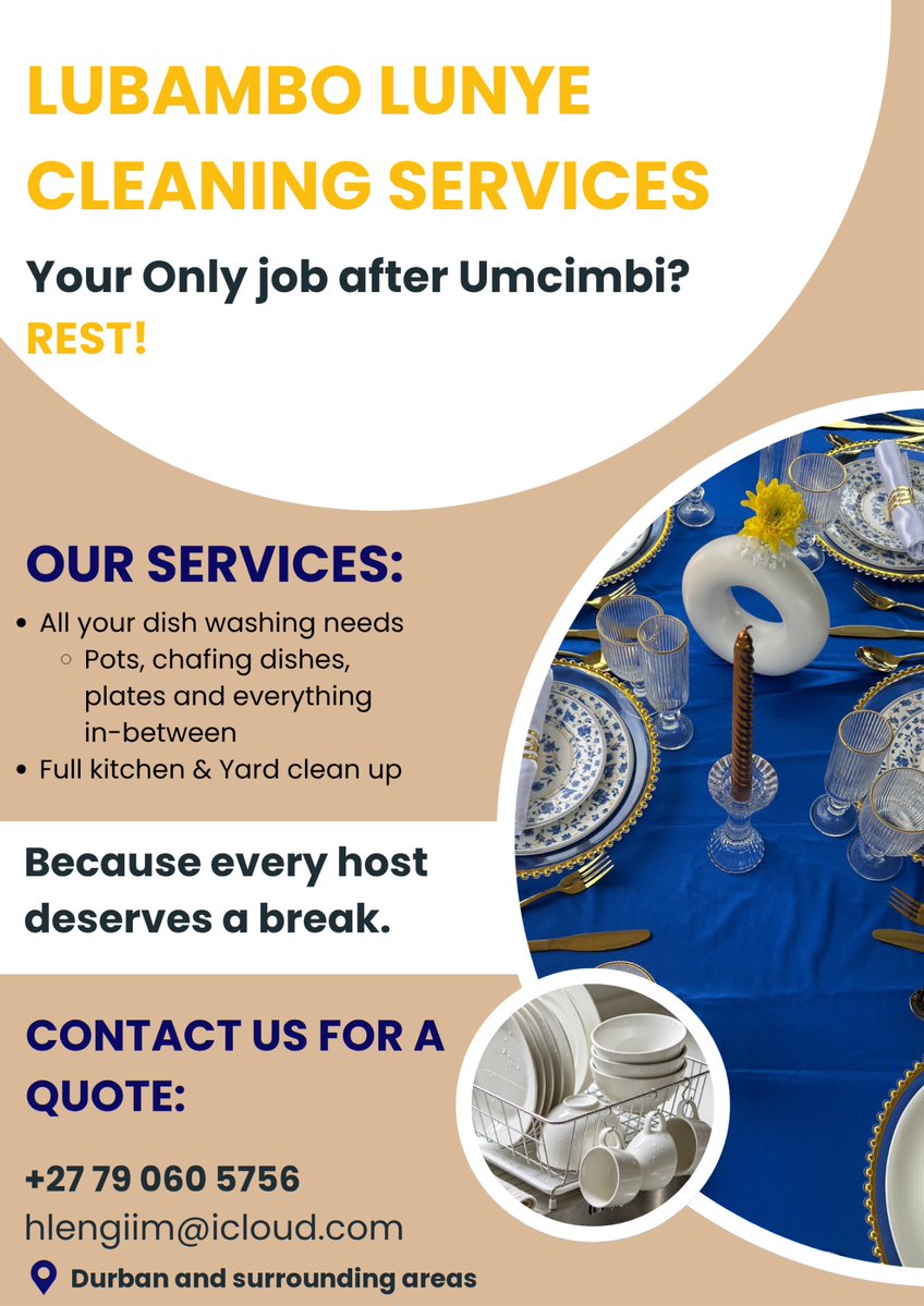 hlengiim_'s tweet photo. Hosting in Durban? Enjoy every moment. We'll handle the mess after. 🧼🧹
Lubambo Lunye Cleaning Services has you covered: dishes, pots, chafing dishes, kitchen and yard clean-up.
Your only job after the event? REST.
WhatsApp us for a quote!
#Durban https://t.co/q3vIeWKJoJ
