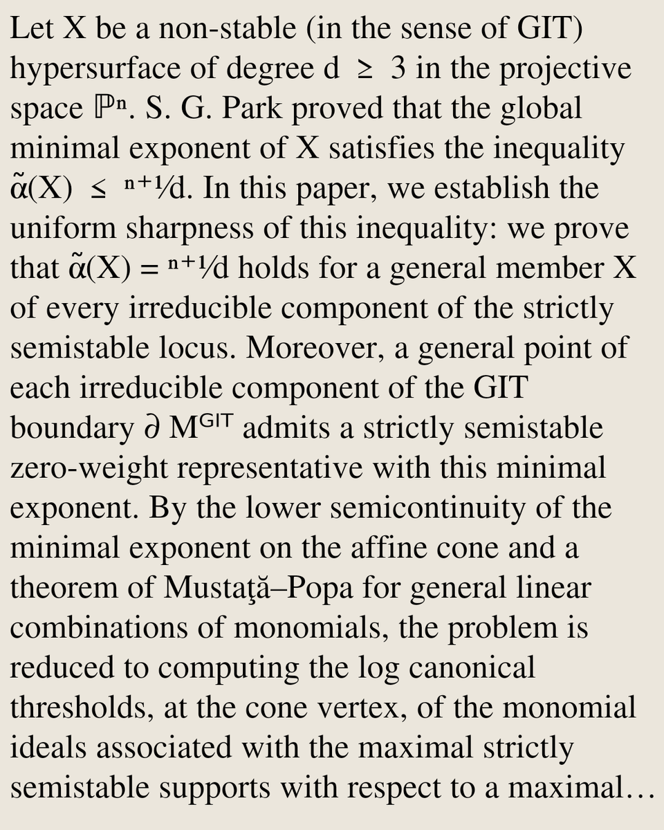 AlgebraicPapers's tweet photo. Uniformity of the minimal exponent on the GIT boundary of projective hypersurfaces

Yasutaka Shibata
https://t.co/sNfQ7ImrhD [𝚖𝚊𝚝𝚑.𝙰𝙶] https://t.co/BNTACyVaN8