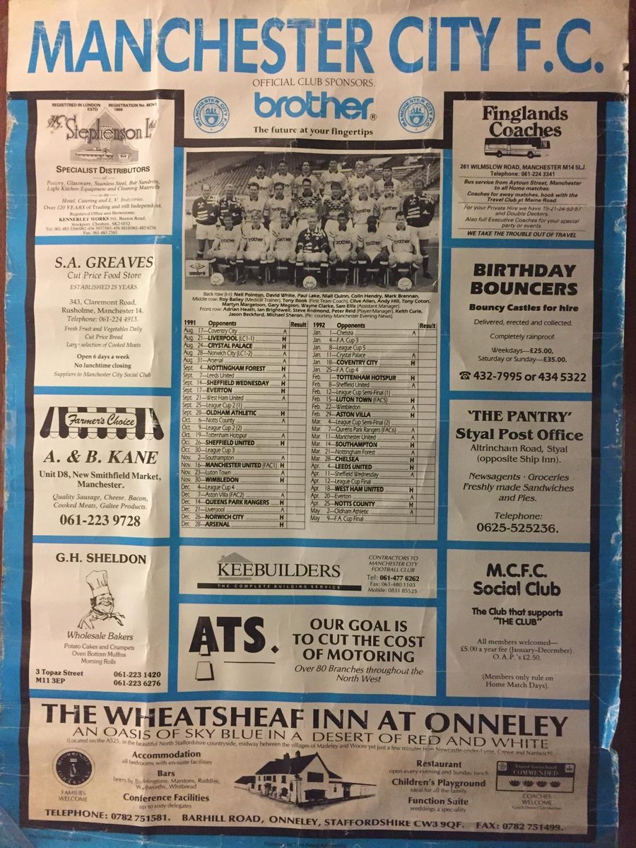 TheHandofRod's tweet photo. Looking through the ’92 official fixture poster and spotting Styal Pantry. My grandad paid £50 in proper British pound coins to get on there. Imagine selling that advertising space today. £20m, minimum. 😂😂😮‍💨 https://t.co/mCmJYaoBCd