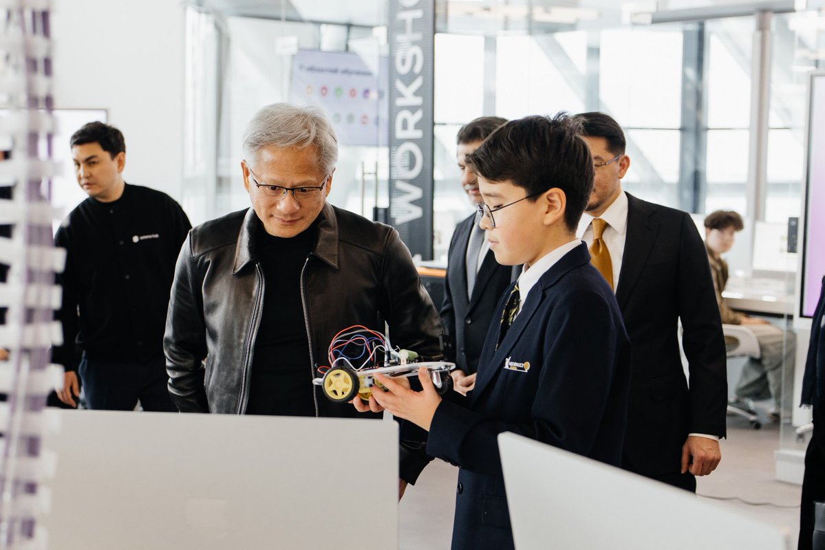 nvidia's tweet photo. Our CEO @JensenHuang met the next generation of AI builders in Astana. 🇰🇿

At https://t.co/oUc467MNRz, he spent time with students and startups and joined Deputy Prime Minister @Zhaslan_Madiyev to discuss Kazakhstan’s AI future. https://t.co/SLQ6owF7Kx