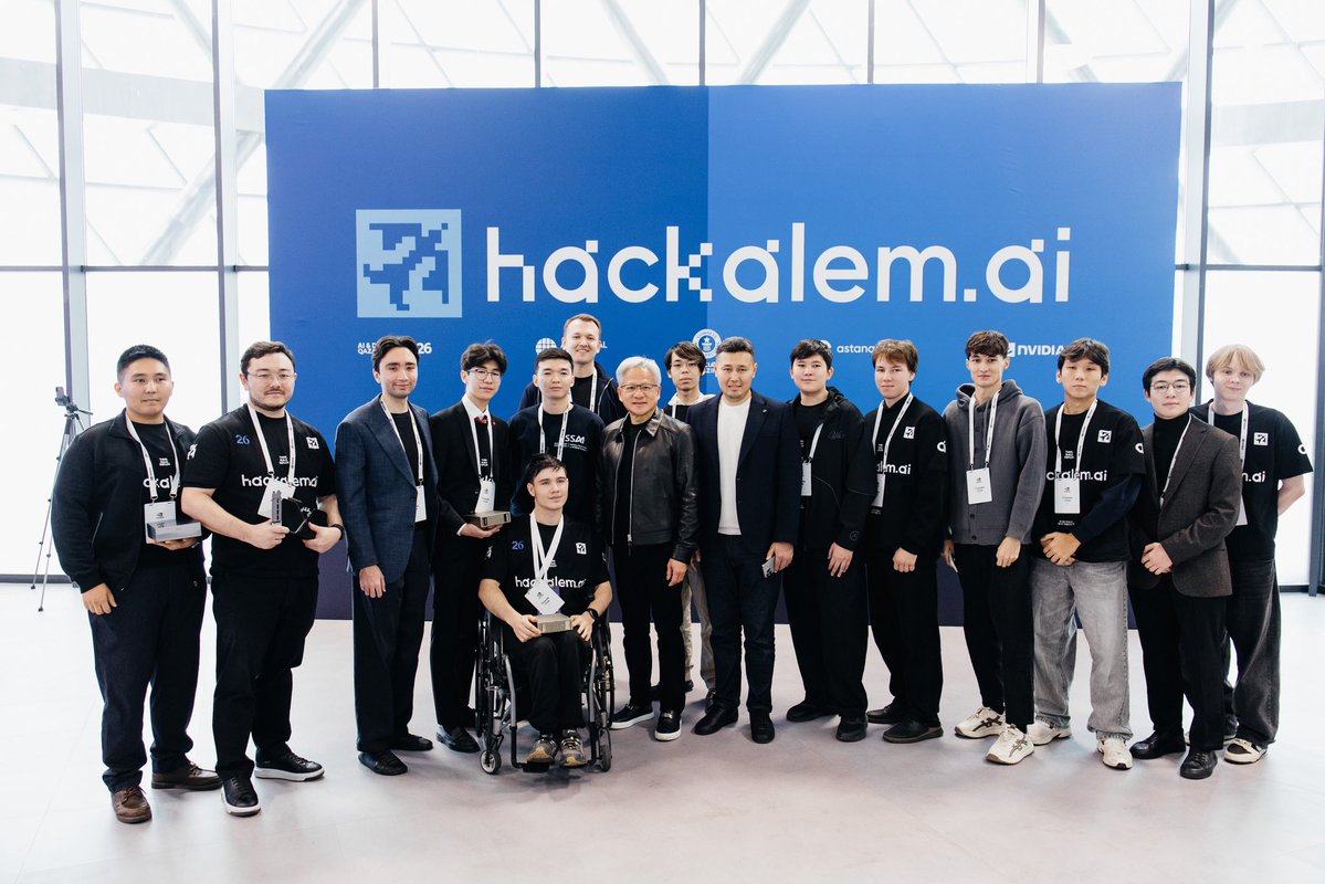 nvidia's tweet photo. Our CEO @JensenHuang met the next generation of AI builders in Astana. 🇰🇿

At https://t.co/oUc467MNRz, he spent time with students and startups and joined Deputy Prime Minister @Zhaslan_Madiyev to discuss Kazakhstan’s AI future. https://t.co/SLQ6owF7Kx