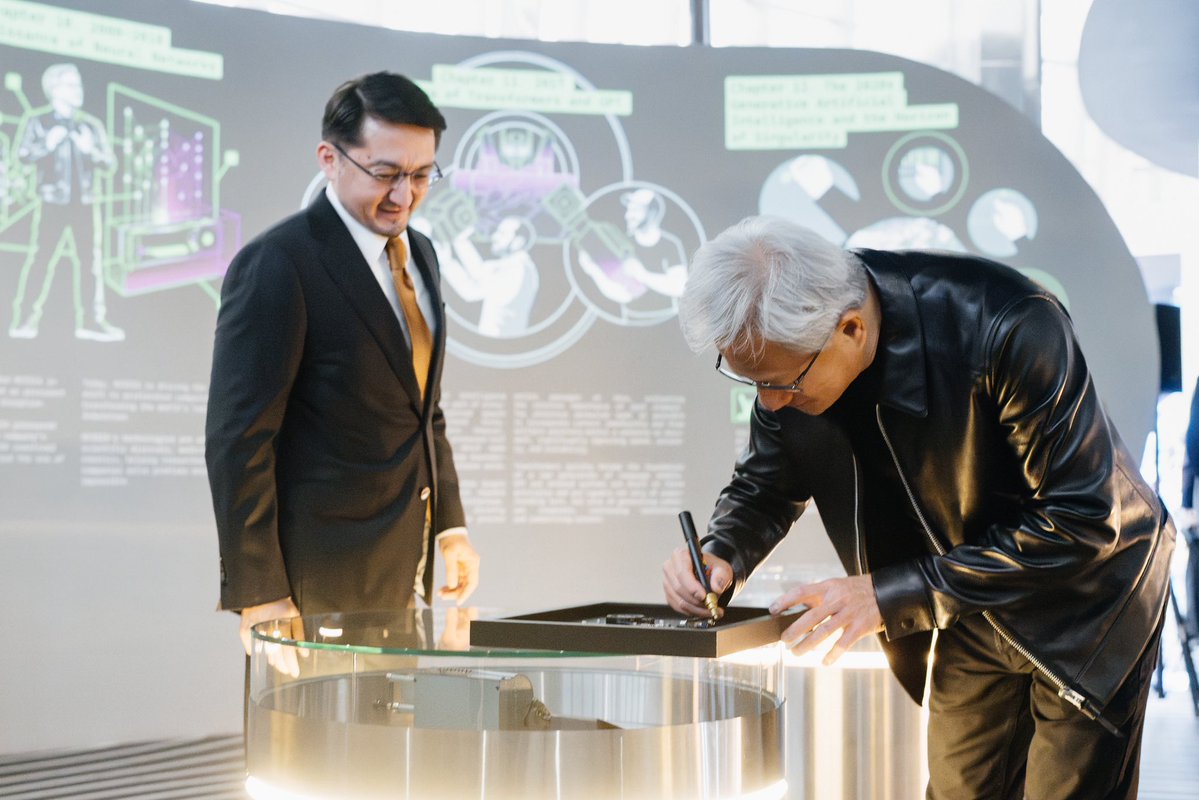 nvidia's tweet photo. Our CEO @JensenHuang met the next generation of AI builders in Astana. 🇰🇿

At https://t.co/oUc467MNRz, he spent time with students and startups and joined Deputy Prime Minister @Zhaslan_Madiyev to discuss Kazakhstan’s AI future. https://t.co/SLQ6owF7Kx