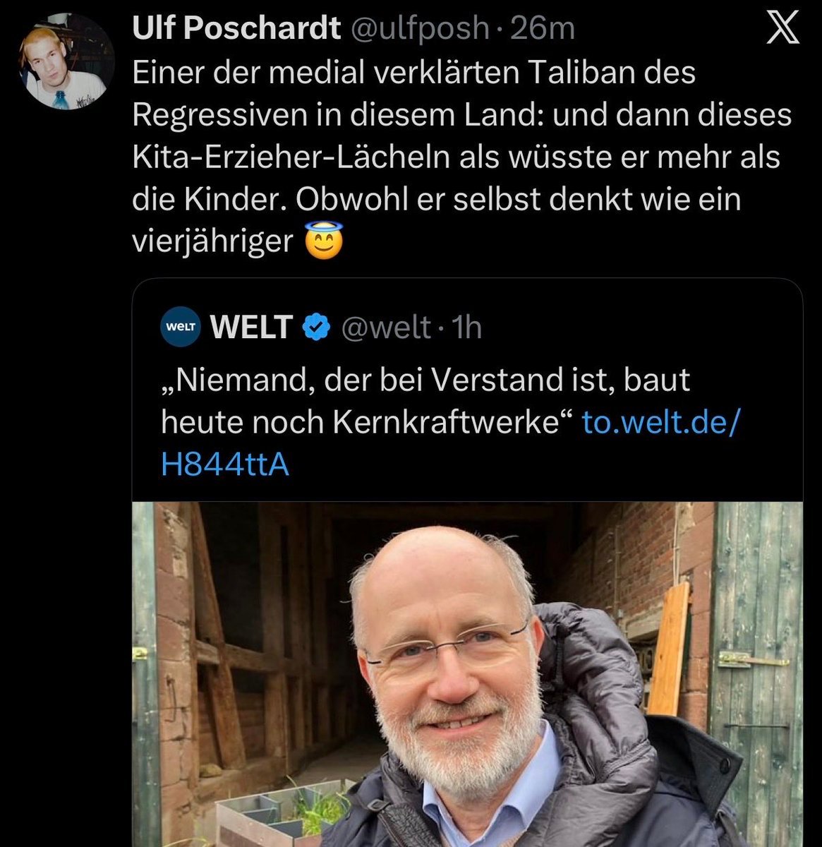 BergheimJeff's tweet photo. Was meint ihr, würde Ulf Poschardt einem live gesendeten, einstündigen Streitgespräch zwischen ihm und dem vierjährigen Kita-Erzieher über Atomkraft, Klimawandel und Verbrennerautos zustimmen? https://t.co/hYntAhEdNK