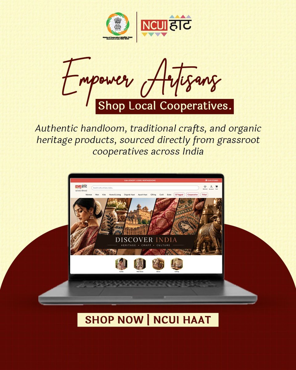 MinOfCooperatn's tweet photo. NCUI Haat is an online marketplace empowering local artisans and grassroots cooperatives across India.

Explore a wide range of authentic products: 

✅Handcrafted & Handloom Treasures 
✅Organic & Ayush Wellness Essentials 
✅Unique Handmade & Corporate Gifts 
✅Authentic GI-Tagged & Tribal Crafts ... and much more

Shop Now: https://t.co/lpv8iakUuY

#EmpoweringCooperatives #SahkarSeSamriddhi