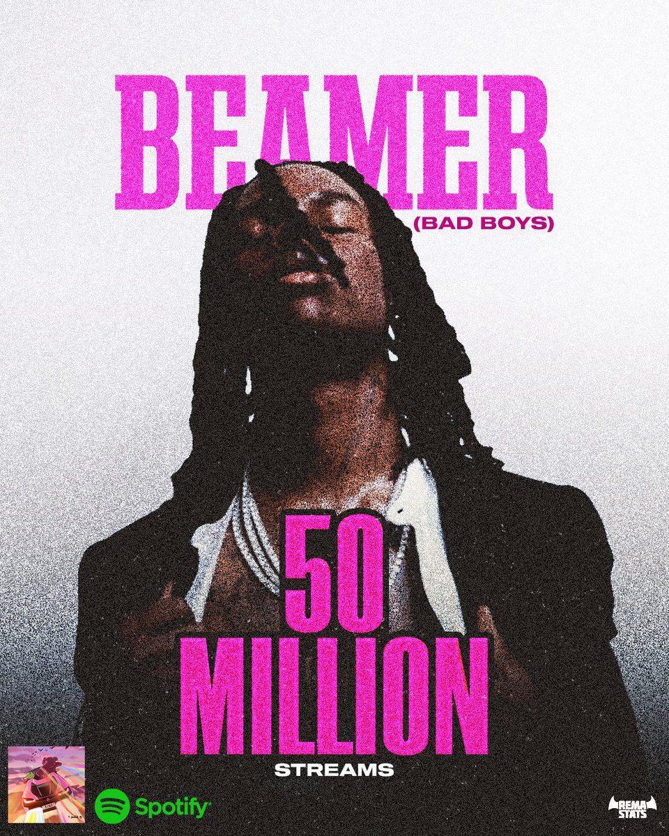 RemaStats's tweet photo. Rema’s “Beamer (Bad Boys)” has surpassed 50 Million Streams on Spotify. https://t.co/CEEUd2RA0G