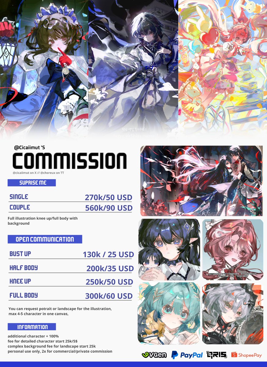 cicaiimut's tweet photo. COMMISSION + ART RAFFLE
[  RTs and likes are appreciated ] 

Helloo! Im open commission for local and international! Only open 2 slot for full illustration with background! If u're international buyer u can send request via vgen! &amp; local=dm ^^

Art raffle rules on ↓
#cms #vgen https://t.co/WeRWcFYE0K