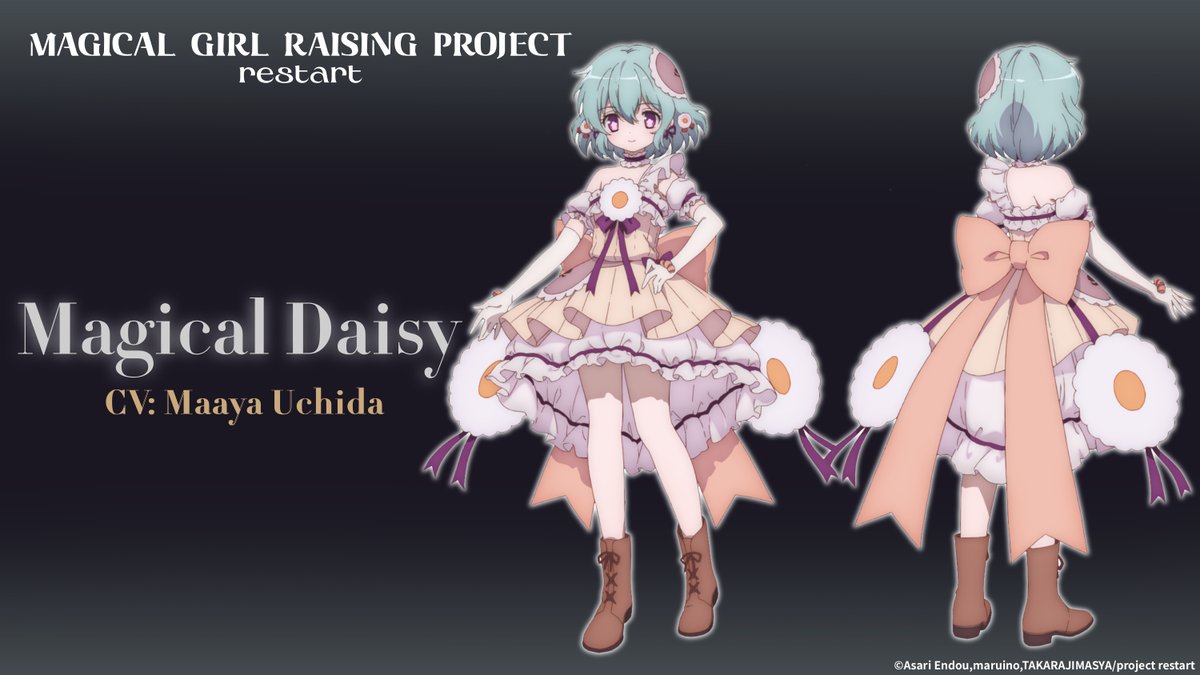 animeloverOV's tweet photo. Meet Magical Daisy (VA: Maaya Uchida)! 🌼✨   

A once-famous magical girl who was hugely popular! Recently, she has had fewer opportunities to shine and her name recognition has declined, but she still has a strong and devoted fan base.   
Her costume is glamorous and very much in the classic magical-girl style, but her fighting style is surprisingly down-to-earth and no-nonsense! 👊💥   

Title: MAGICAL GIRL RAISING PROJECT restart
https://t.co/B03YgEoFQI
©Asari Endou,maruino,TAKARAJIMASYA/project restart