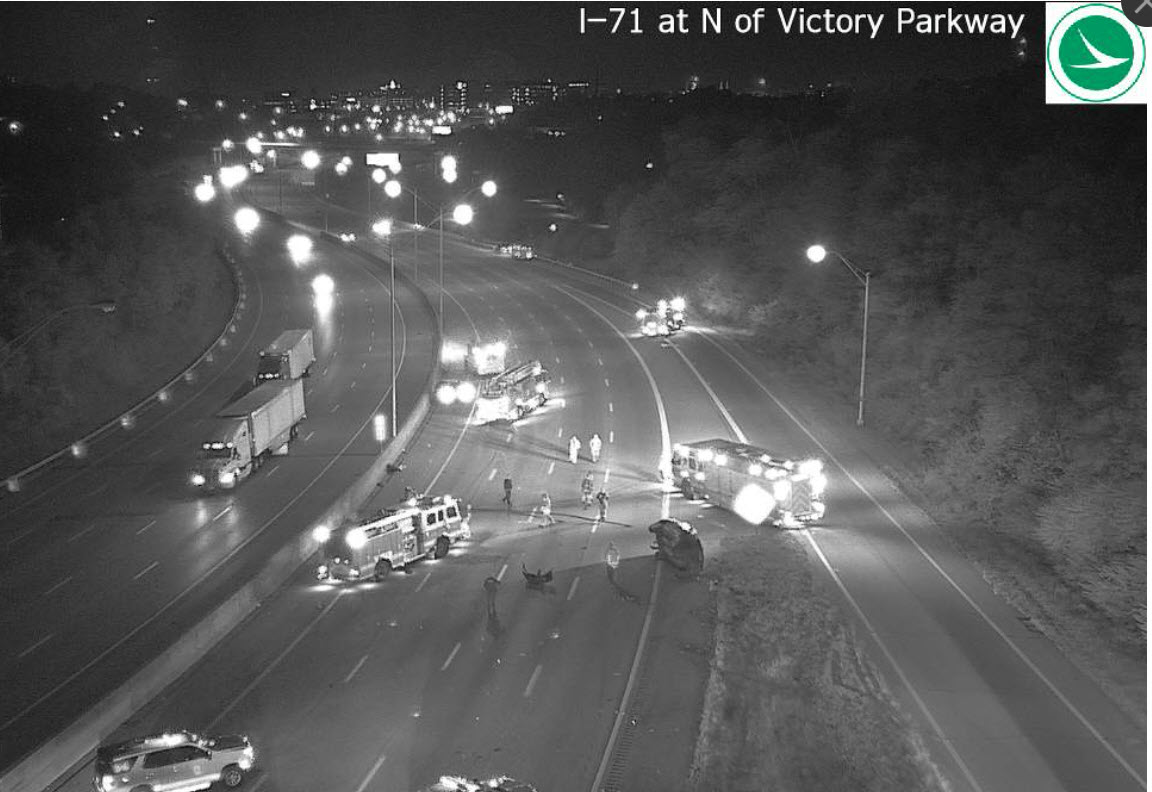 FOX19's tweet photo. TRAFFIC ALERT: SB I-71 CLOSED at Dana Ave due to multi-vehicle serious crash, 1 car on its side. Police say this likely will be closed through the morning commute
https://t.co/Y5W795sgsU https://t.co/BK1Bu4IHOX