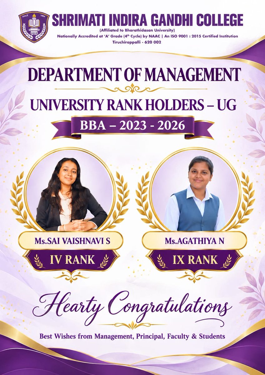 ShrimatiInfo's tweet photo. #SIGC #igcollege #sigctrichy #Management #Rankholders2026 https://t.co/1VJpmgKI3J