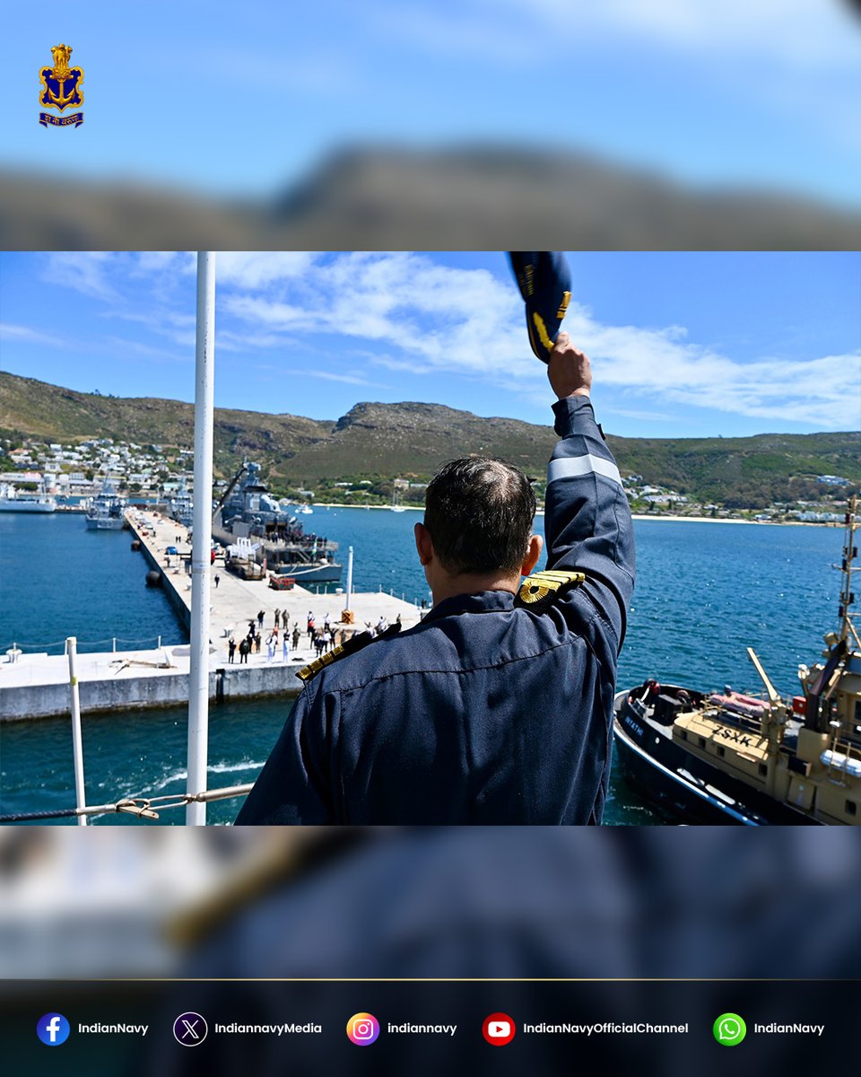 IndiannavyMedia's tweet photo. IBSAMAR IX: Three Navies, Ninth Edition

#INSTarkash concluded her port call at Simon’s Town on 22 Oct 26, on completion of the ninth edition of the India–Brazil–South Africa maritime exercise.

From harbour to open sea, the #IndianNavy, #BrazilianNavy and  #SouthAfricanNavy operated together as a combined force towards shared vision of open and safe seas for all. 

#StrongerTogether
#IBSAMAR_IX

@IN_WNC @DefPROMumbai @IndiannavyMedia @hci_pretoria @SANDF_ZA @marmilbr