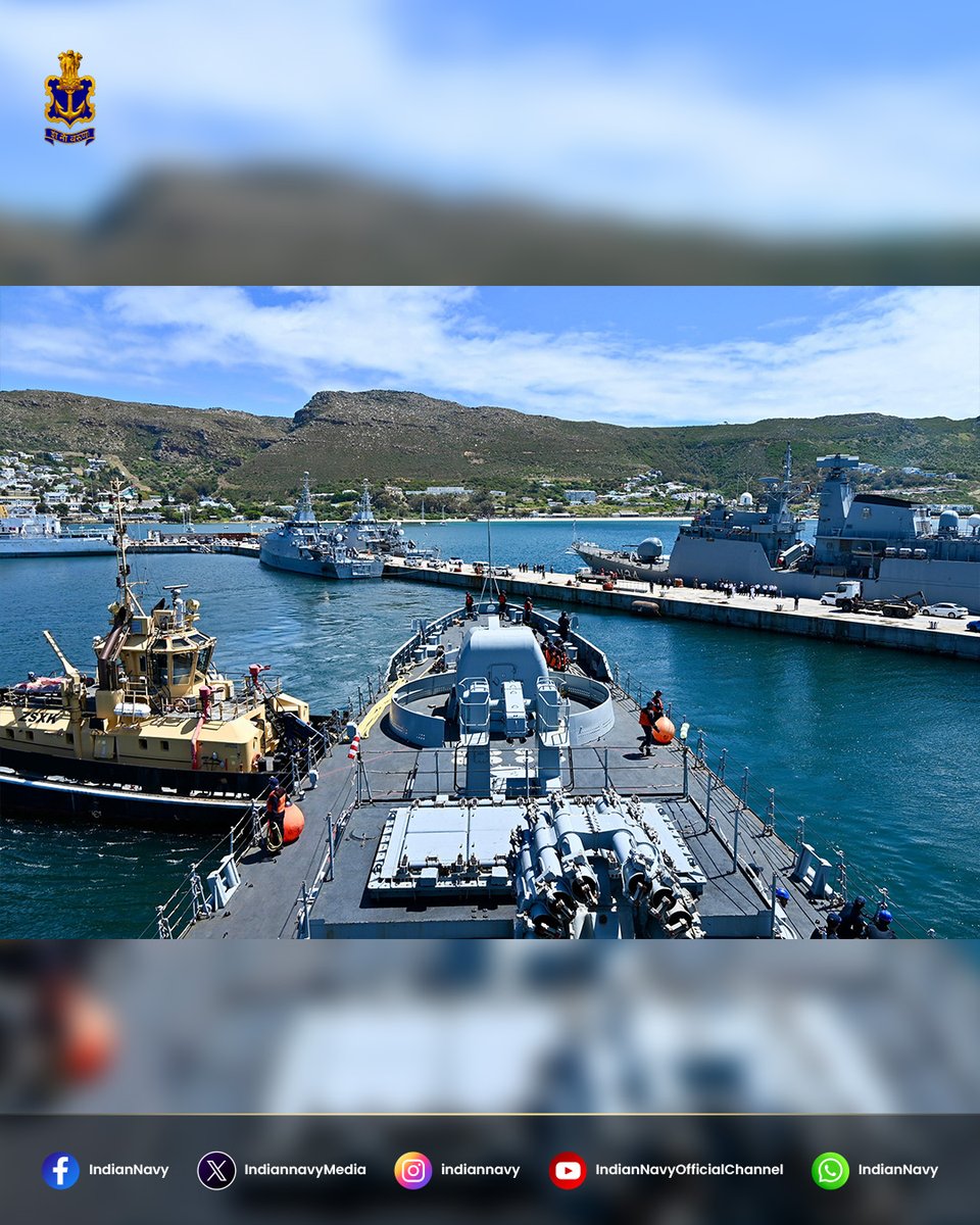 IndiannavyMedia's tweet photo. IBSAMAR IX: Three Navies, Ninth Edition

#INSTarkash concluded her port call at Simon’s Town on 22 Oct 26, on completion of the ninth edition of the India–Brazil–South Africa maritime exercise.

From harbour to open sea, the #IndianNavy, #BrazilianNavy and  #SouthAfricanNavy operated together as a combined force towards shared vision of open and safe seas for all. 

#StrongerTogether
#IBSAMAR_IX

@IN_WNC @DefPROMumbai @IndiannavyMedia @hci_pretoria @SANDF_ZA @marmilbr