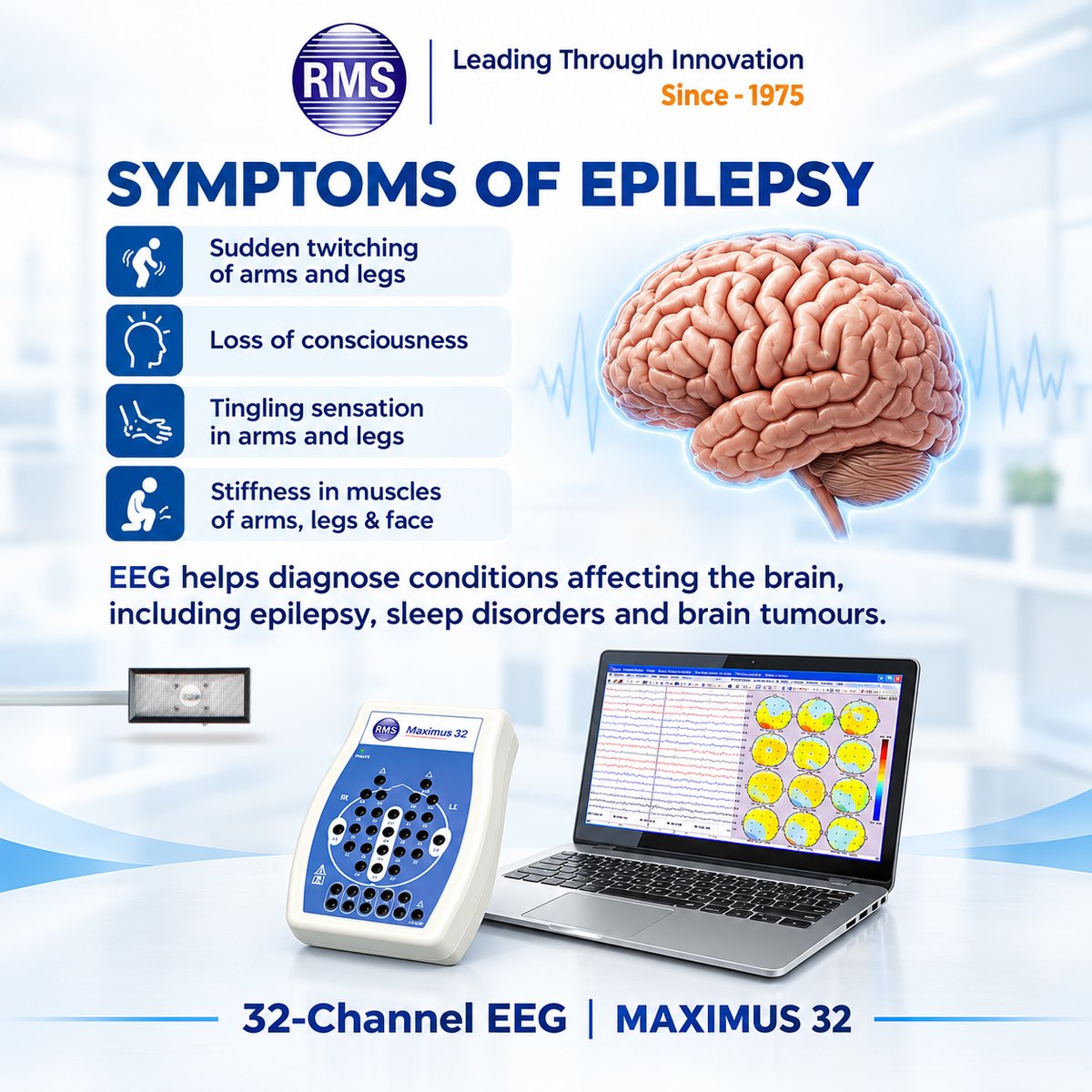INDIA_RMS's tweet photo. An #Electroencephalograph (#EEG) records the #brain’s electrical activity & helps #doctors evaluate #epilepsy, #sleep #disorders & other #neurological conditions.
#EpilepsyAwareness #seizures #Neurology #MedicalEquipment #DiagnosticTechnology #Maximus32 #hospital #SleepLab #RMS https://t.co/p1ZfuIOsRV