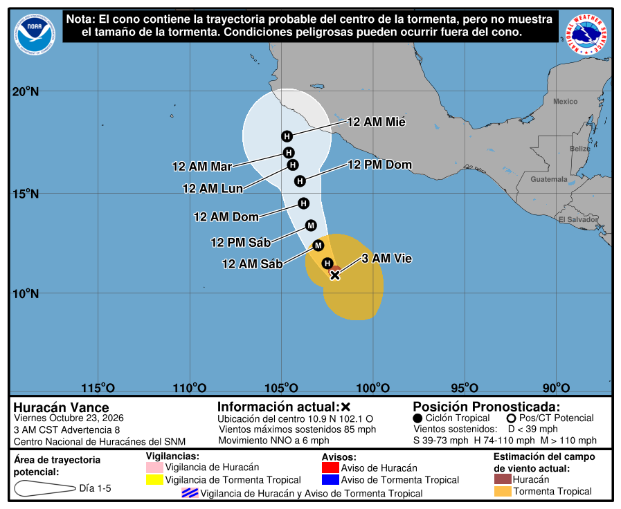 CycloforumsPR's tweet photo. [Huracán Vance 3 AM MST]
Tiene vientos de 85 mph y se espera que sea de categoria 3 el sábado. Las imágenes de satélite indican que Vance se ha vuelto cada vez más bien organizado durante las últimas horas, con convección profunda
alrededor de la región del núcleo interno.
LMR https://t.co/fvwFNvSuaC